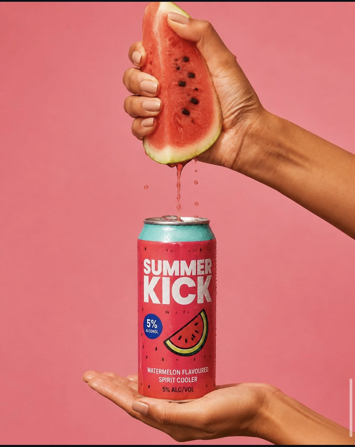 A Summer Kick can with watermelon juice being squeezed into it